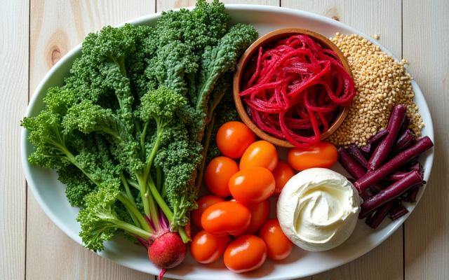 A colorful plate of fermented foods and fresh vegetables illustrating healthy eating.