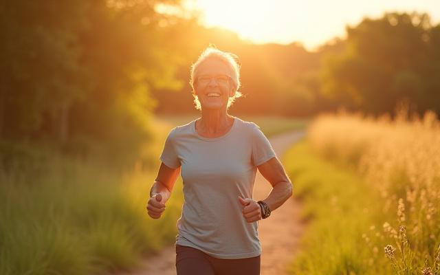 An active older adult hiking in a vibrant natural setting, symbolizing vitality and longevity.