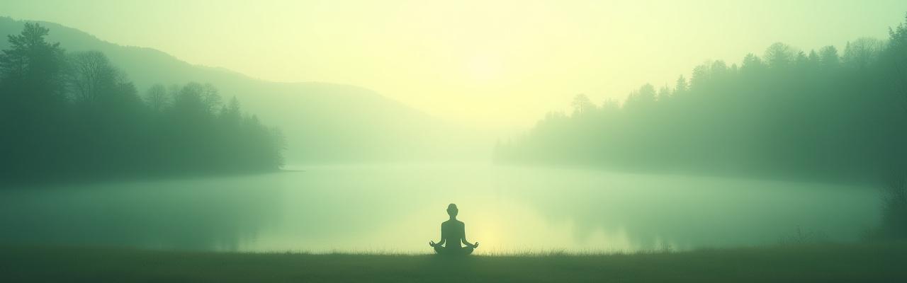Serene nature scene with soft light and a person in a calm pose, representing an audio oasis for mind-body balance