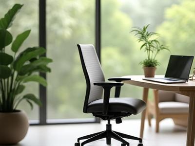 A modern ergonomic office chair in a bright, minimalist home office setting.