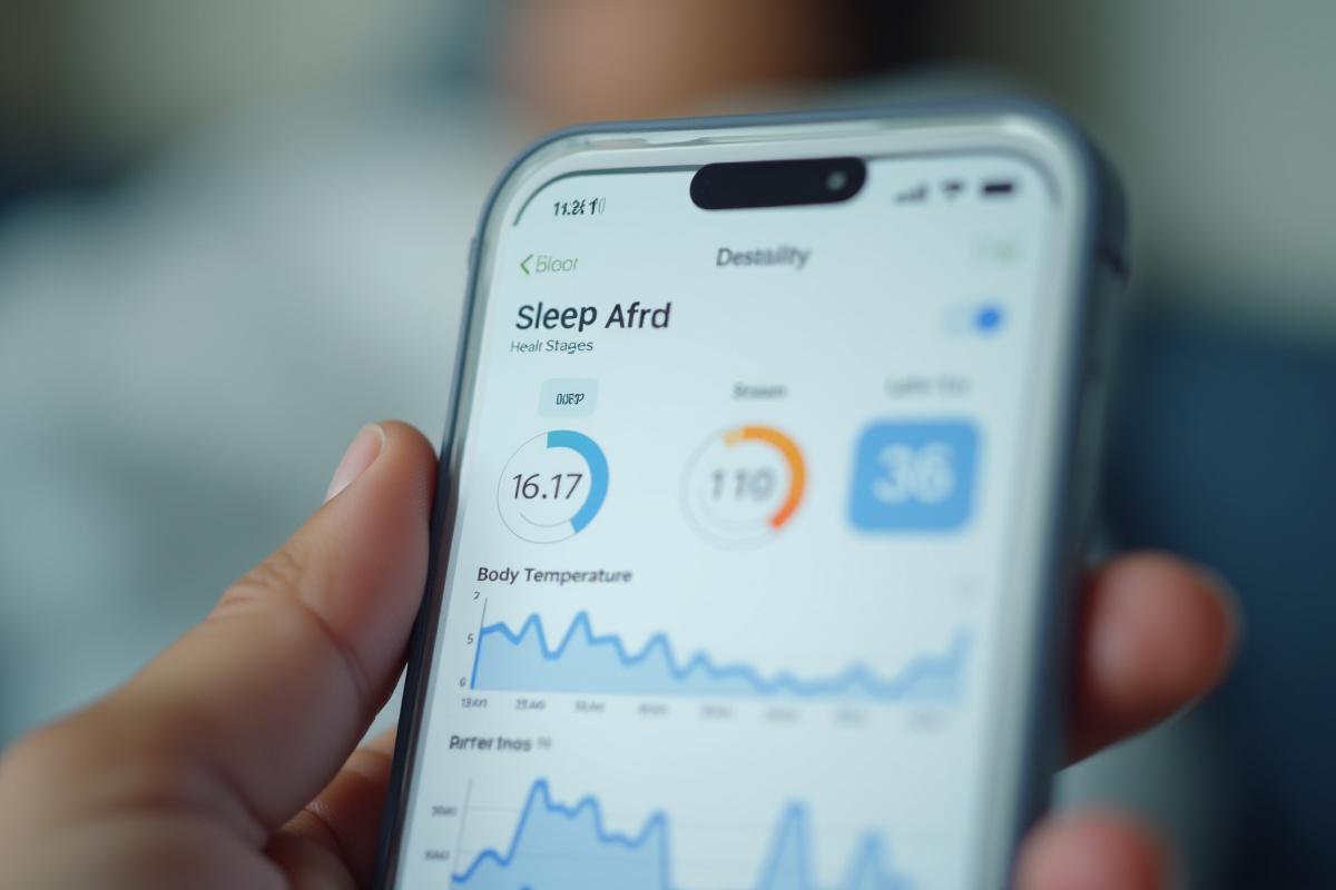 Screenshot of a sleep tracking app dashboard showing detailed sleep stages, heart rate, and body temperature data.